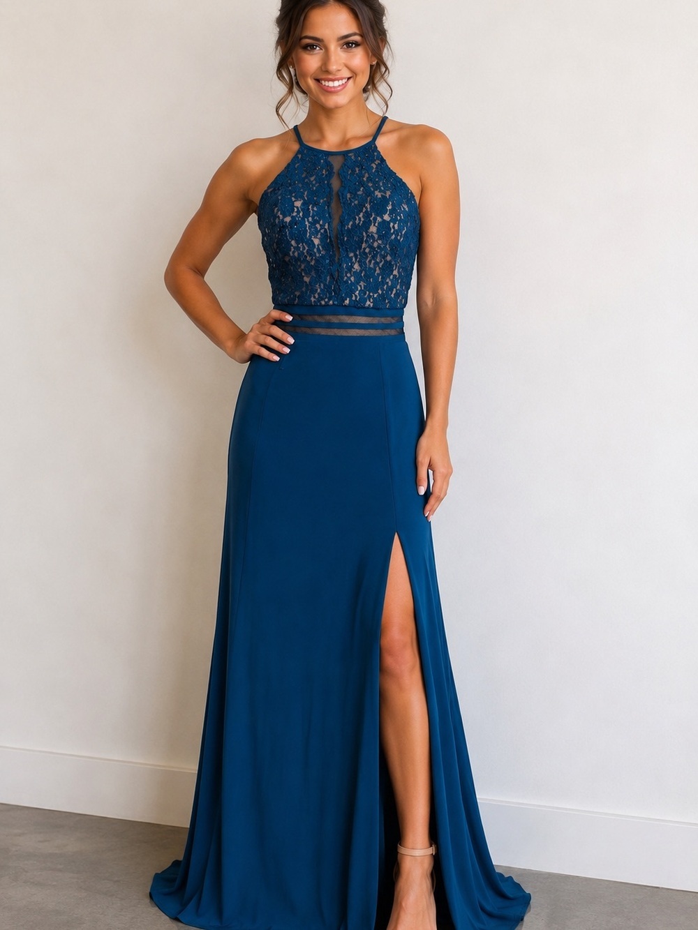 Morgan & Co. Teal Lace Open Back Formal Prom Gown Size 3/4